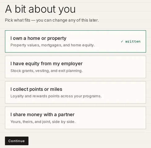 The About you step with the home card selected and marked written, the equity, points and partner cards below it, and the Continue button