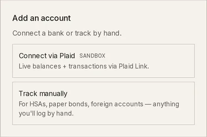 The Add an account chooser with a Track manually option below the connect-a-bank option