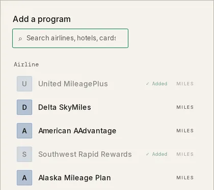 The Add a program window with a search box over a catalog of programs grouped by kind, each with a Miles or Points tag