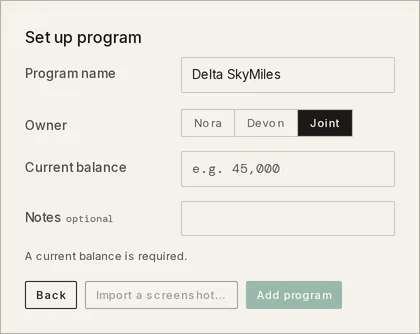 The Set up program form for Delta SkyMiles, with the program name filled in, an Owner control, and an empty Current balance field