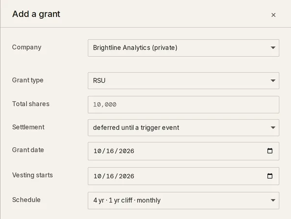 The Add a grant drawer set to RSU, showing Company, Grant type, Total shares, Settlement, Grant date, Vesting starts and Schedule