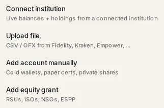 The Add menu listing Connect institution, Upload file, Add account manually and Add equity grant, each with a one-line description