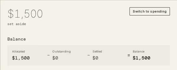 The Balance section of a fund drawer, reading Allocated − Outstanding − Settled = Balance, with a Switch to spending button above it