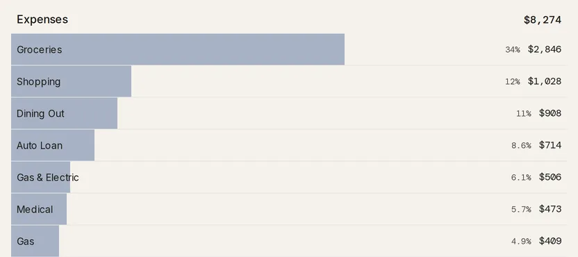 The Expenses band for one month, broken down by category, each row with a share and an amount