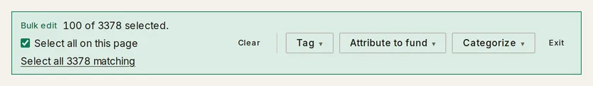 The Bulk edit bar showing the selection count, Select all on this page, and the Tag, Attribute to fund, and Categorize actions