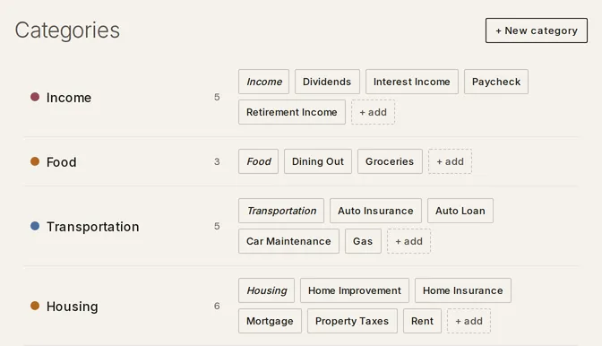 The Categories section of Organize on a new account, with the Income, Food, Transportation, and Housing rows and their built-in subcategory chips, the catch-all chip first in italics