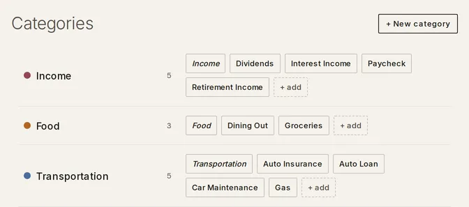 The Categories section of Organize with built-in parents, their subcategory chips, and the + New category button