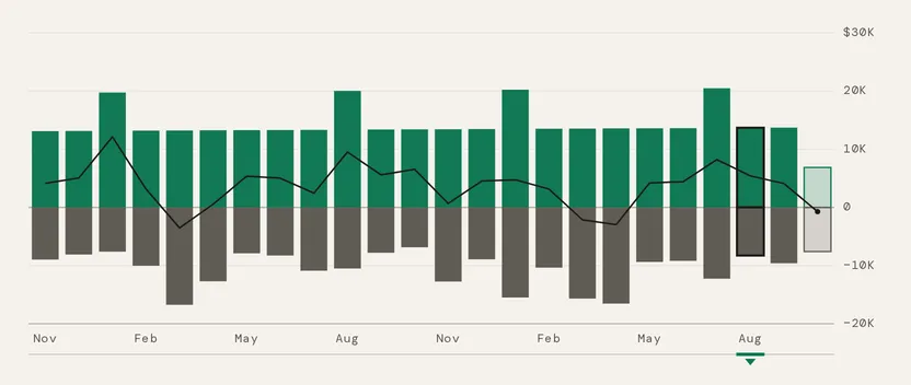 The Cash flow chart across two years of months: income columns above the zero line, spending columns below it, a net line running through, one month outlined as selected, and the latest month drawn faded