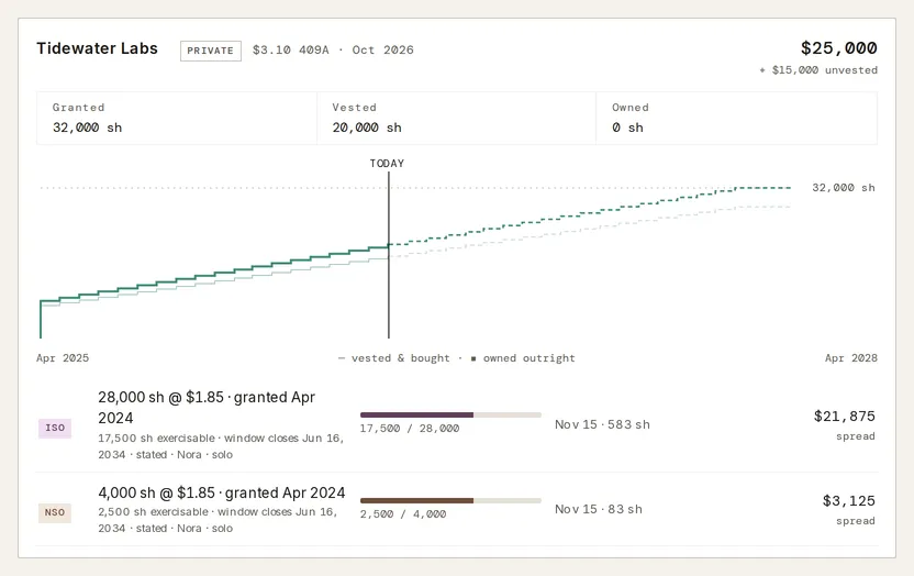 The Tidewater Labs card with its 409A price and total value, Granted, Vested and Owned share counts, a share chart, and rows for an ISO grant and an NSO grant