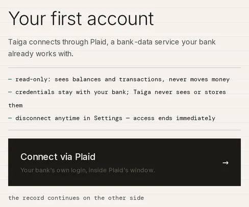 The Connect step with the Your first account heading, three read-only facts about the connection, and the dark Connect via Plaid slab