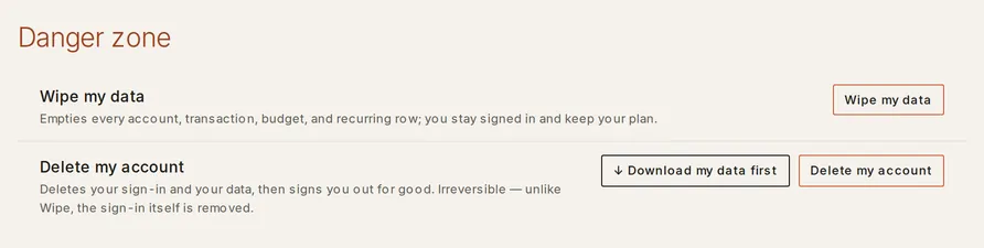 The Danger zone in Settings, showing the Wipe my data and Delete my account rows with the help line under each one