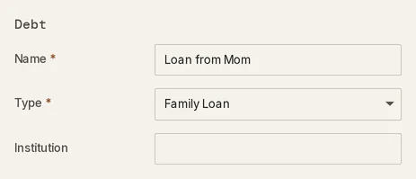 The Debt section of the Track a debt drawer with Loan from Mom as the name, Family Loan as the type and an empty Institution field