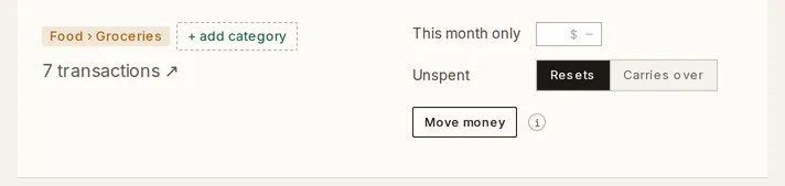 An expanded spending line: a Food › Groceries chip and a dashed + add category chip on the left, the This month only field and the Unspent switch set to Resets on the right, and the Move money button