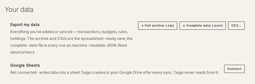 The Your data band in Settings: the Export my data row, with the buttons “↓ Full archive (.zip)”, “↓ Complete data (.json)” and “CSV…”