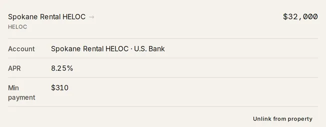 The Spokane Rental HELOC card in Property settings: its name and $32,000 balance over Account, APR 8.25% and Min payment $310 rows, with Unlink from property below