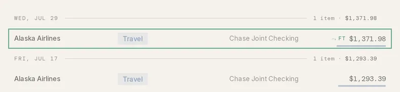 Two Alaska Airlines rows on Transactions, the first marked with ⤳ FT next to its amount and the second untagged