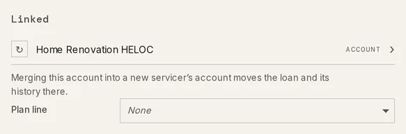 The Linked section of a debt drawer: the linked account, a note on merging accounts, and the Plan line picker set to None