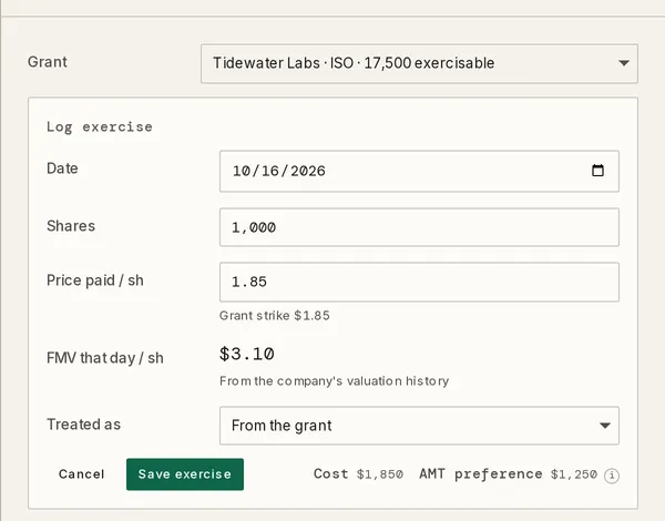 The Log an exercise drawer with a Grant picker above the Log exercise panel: Date, Shares, Price paid per share with the grant strike beneath it, FMV that day with the 409A beneath it, Treated as, and the Cost readout beside Save exercise