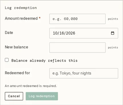 The Log a redemption form with Amount redeemed, a New balance field showing the subtraction, and a Redeemed for field