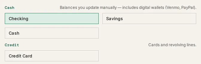 The account-type picker’s Cash group, with Checking, Savings, and Cash cards and the group’s helper text