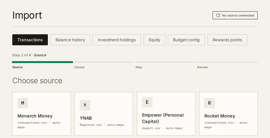 The Import page on the Transactions tab, with the Monarch Money source tile and its transactions.csv hint among the source tiles below the destination tabs