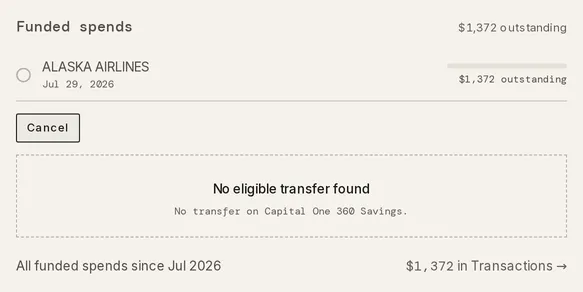 The Funded spends band with Settle a transfer opened, reading No eligible transfer found