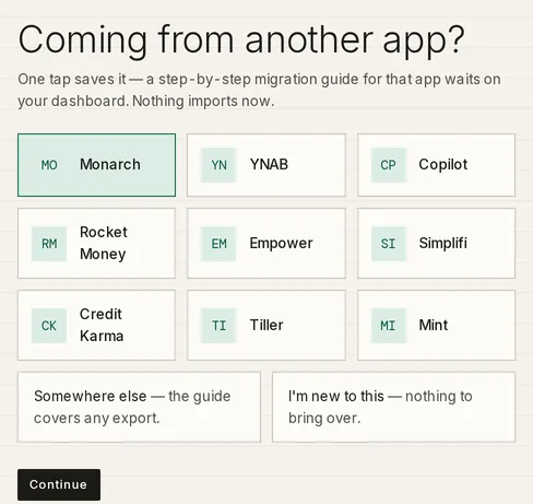 The Your old app step with Monarch selected among nine source tiles, the Somewhere else and I’m new to this options below, and the Continue button