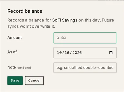 The Record balance modal, naming the account, with Amount, As of, and Note fields