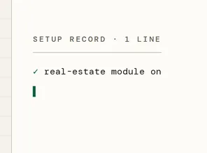 The Setup record rail, headed Setup record · 1 line, with the written line real-estate module on