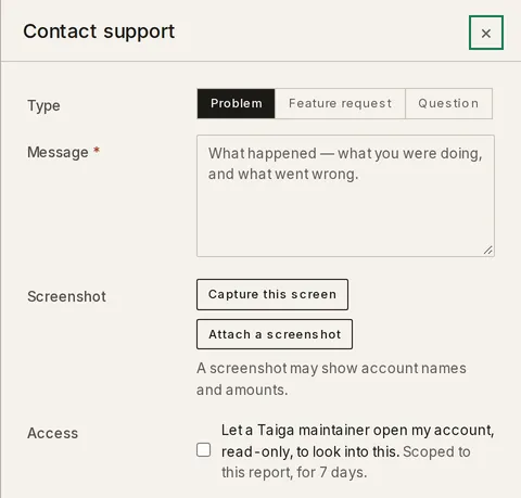 The Contact support drawer: the Type row with Problem selected, the required Message field, the Screenshot row with Capture this screen and Attach a screenshot, and the Access checkbox for read-only access
