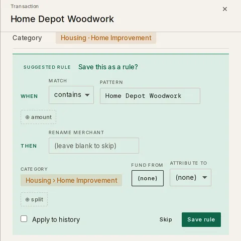 The Suggested rule strip in the transaction panel, with a WHEN row matching the merchant and a THEN row setting the new category, above the Save rule button