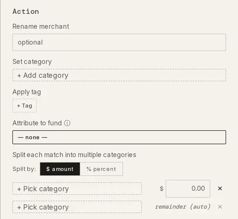 The split editor in the New rule drawer, with a Split by amount-or-percent toggle, one value leg with a category picker, and a Remainder leg that takes the rest