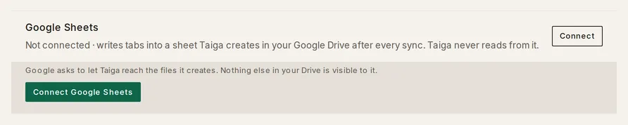 The Google Sheets row under Your data in Settings, not connected, opened to the line about access and the Connect Google Sheets button