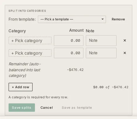 The split editor with two empty rows, each with a category picker, an amount field, and a note field, and the Remainder line below