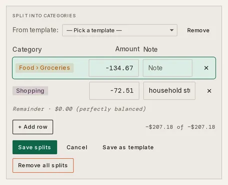 The split editor for a warehouse-store purchase, showing a Groceries part and a Shopping part with the Remainder at zero