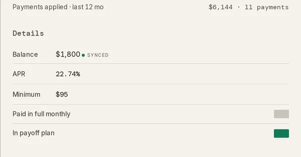 A debt drawer’s Details section with APR and Minimum fields above the Paid in full monthly and In payoff plan toggles